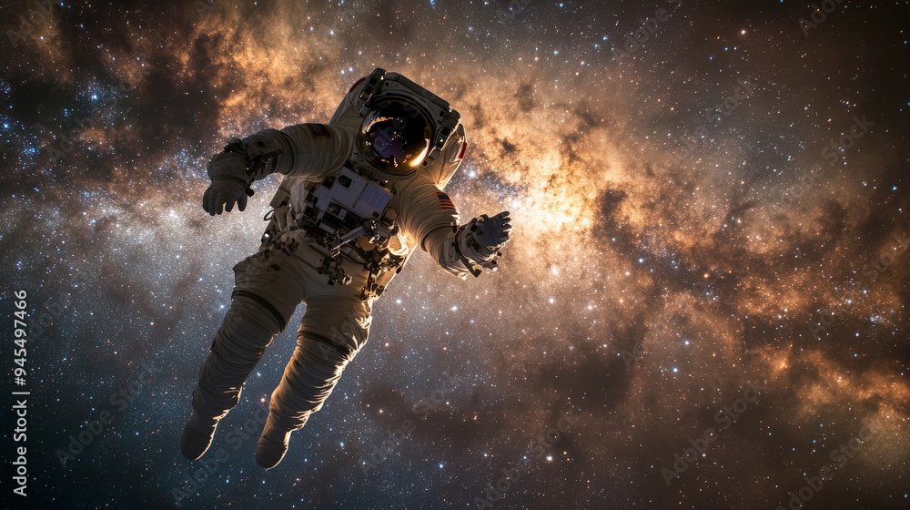 Fototapeta premium This image shows an astronaut in a spacesuit, drifting amid the vast expanse of the Milky Way, symbolizing humanity's quest for knowledge and the infinite nature of space.
