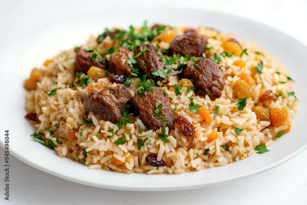 A plate of rice with meat, garnished with parsley and dried fruits, showcasing a flavorful dish. A plate of rice with meat, garnished with parsley and dried fruits, showcasing a flavorful dish.