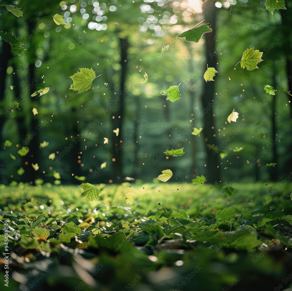 Falling green leaves in summer forest. Generative AI. Falling green leaves in summer forest. Generative AI.
