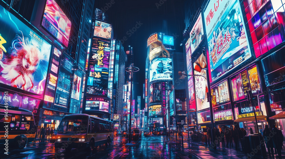 A cityscape photo at night, where the skyline is dominated by digital billboards, holographic advertisements, and neon lights. A cityscape photo at night, where the skyline is dominated by digital billboards, holographic advertisements, and neon lights.