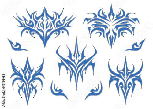 Vector set of abstract ethnic Maori or Polynesian neo tribal trendy y2k ornament shapes. Gothic futuristic graphic tattoo elements collection