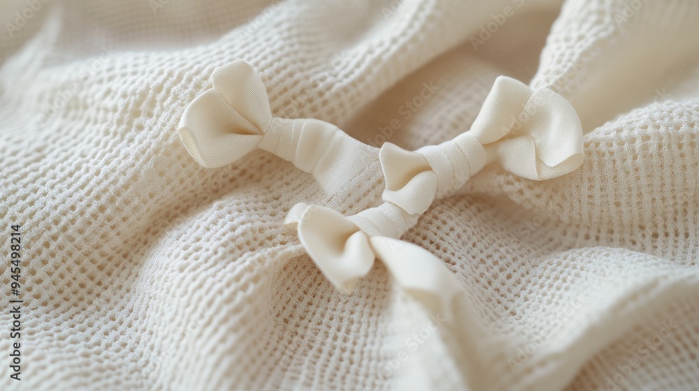 Close-up of a dress sleeve featuring small bow patterns, emphasizing the design details and quality craftsmanship, laid on a smooth background. Close-up of a dress sleeve featuring small bow patterns, emphasizing the design details and quality craftsmanship, laid on a smooth background.