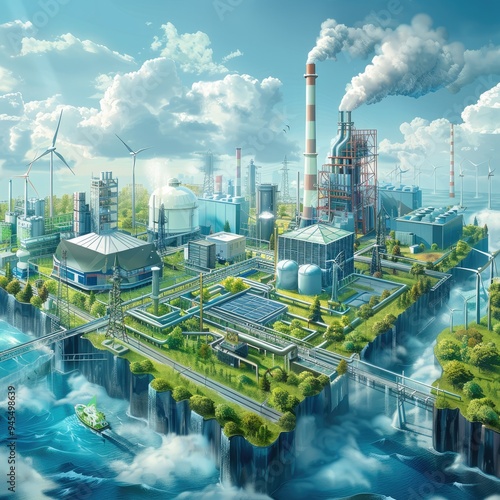 Digital illustrations of future factories featuring various energy-efficient factories, including power plants, wind turbines, solar panels, oil towers, nuclear power plants, natural gas pipelines.