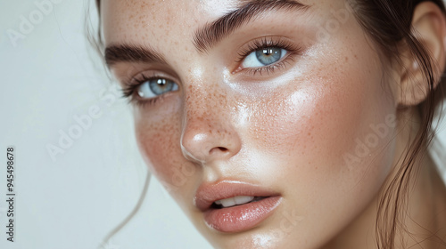 A model with natural, glowing skin and barely-there makeup, focusing on enhancing natural beauty rather than covering it up. photo