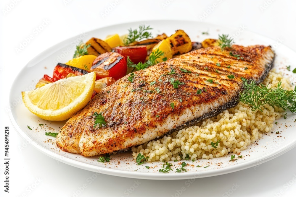 A delicious plate featuring grilled fish, couscous, and colorful roasted vegetables. A delicious plate featuring grilled fish, couscous, and colorful roasted vegetables.