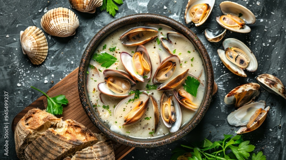 Creamy New England Clam Chowder Soup with Mussels and Crusty Bread Bowl ,Soup,Seafood Chowder Creamy New England Clam Chowder Soup with Mussels and Crusty Bread Bowl ,Soup,Seafood Chowder