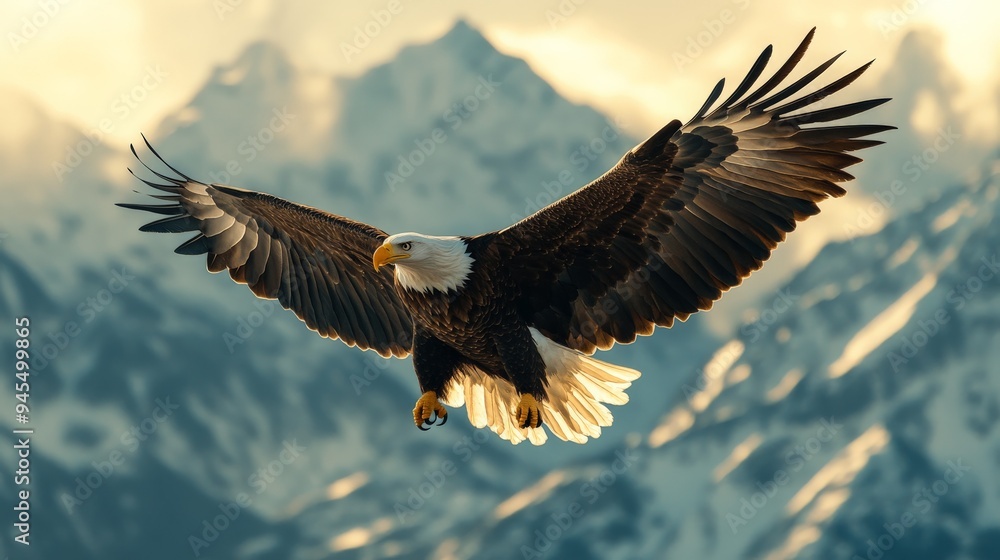 Fototapeta premium An impressive photograph featuring a bald eagle gliding through the air, set against a dramatic backdrop of snow-capped mountains under a soft golden light, evoking strength and magnificence.