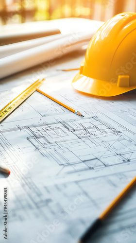 Construction plans with a hard hat, ruler, and pencil.