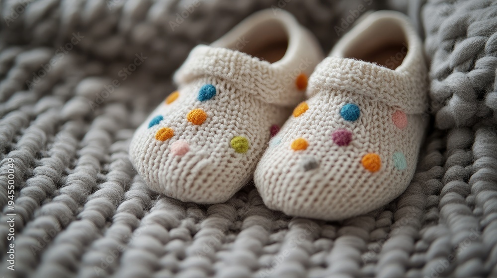 Close-up of tiny baby shoes with polka dots, placed on a soft, grey blanket, capturing the playful and adorable design. Close-up of tiny baby shoes with polka dots, placed on a soft, grey blanket, capturing the playful and adorable design.