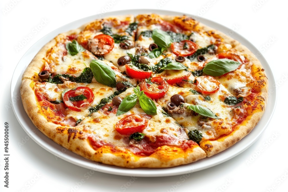 A delicious pizza topped with tomatoes, basil, and olives on a white plate. A delicious pizza topped with tomatoes, basil, and olives on a white plate.