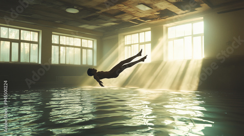 A surreal image of a person floating in a room filled with water, with light streaming through the windows. The photo might blur the lines between reality and fantasy