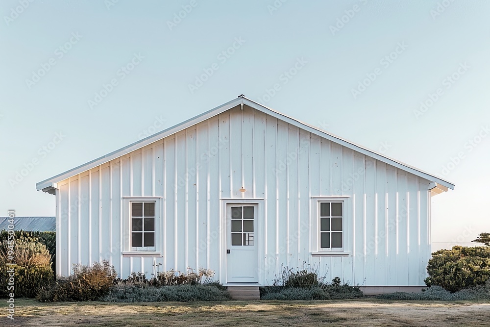 Front view of a white wooden house with minimalistic design Front view of a white wooden house with minimalistic design