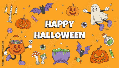 Groovy retro halloween set. Flying ghost, pumpkin with sweets, bats, cauldron with potion. Vector illustration.