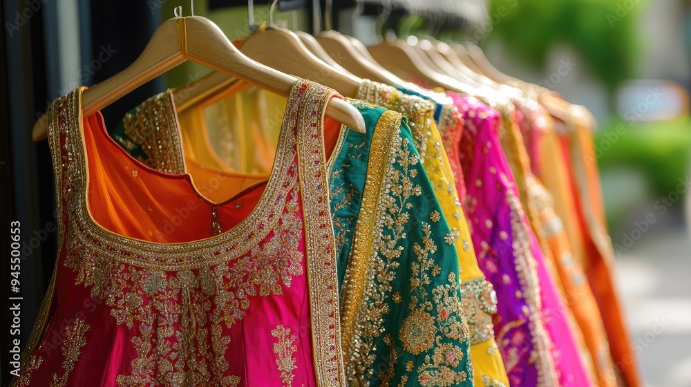 Detailed Indian lehenga choli with vibrant colors and embroidery, displayed on a hanger, no people. Detailed Indian lehenga choli with vibrant colors and embroidery, displayed on a hanger, no people.