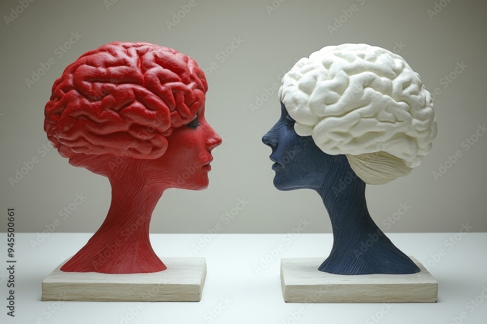Colorful 3D Model of Red and White Brains Facing Each Other Symbolizing the Contrast Between Different Thinking Styles and Cognitive Approaches Colorful 3D Model of Red and White Brains Facing Each Other Symbolizing the Contrast Between Different Thinking Styles and Cognitive Approaches