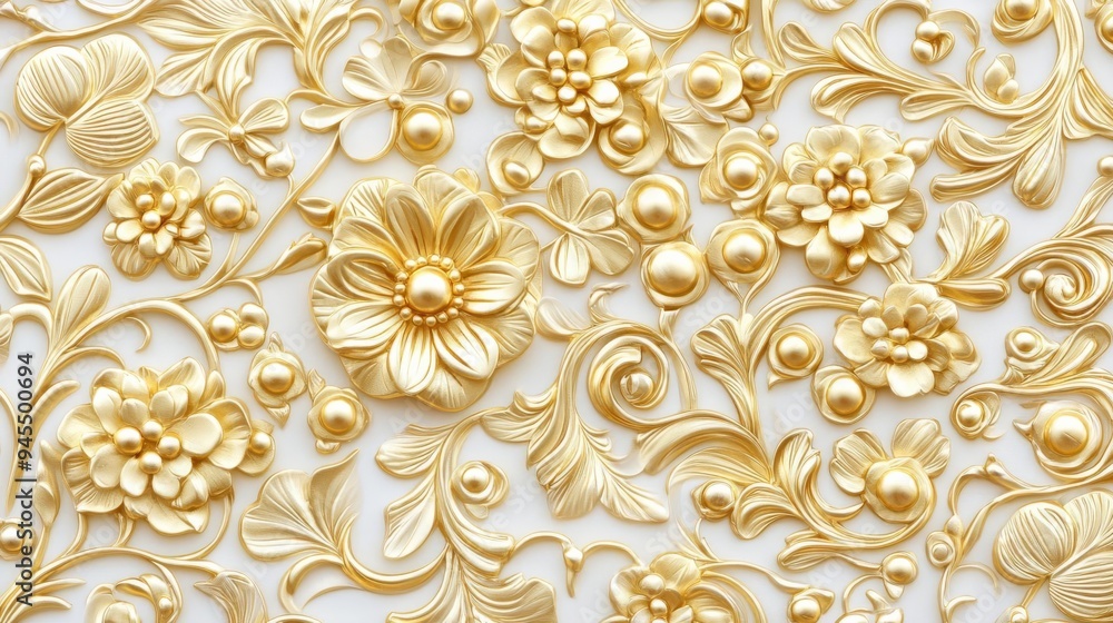 Gold metallic surface, embossed intricate motifs, polished 3D background Gold metallic surface, embossed intricate motifs, polished 3D background