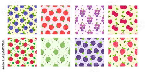 Set seamless pattern berries illustration vector. For baby packaging, banner, wrapping, card, clothes, invitation. Blackberry; blueberry; raspberry; grape; strawberry; gooseberry; cherry