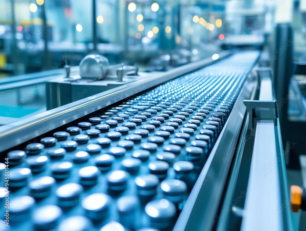 Bottles move along a conveyor belt in a factory. Bottles move along a conveyor belt in a factory.