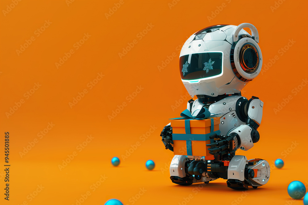 Robot isolated on red background delivering gift box. Robot isolated on red background delivering gift box.