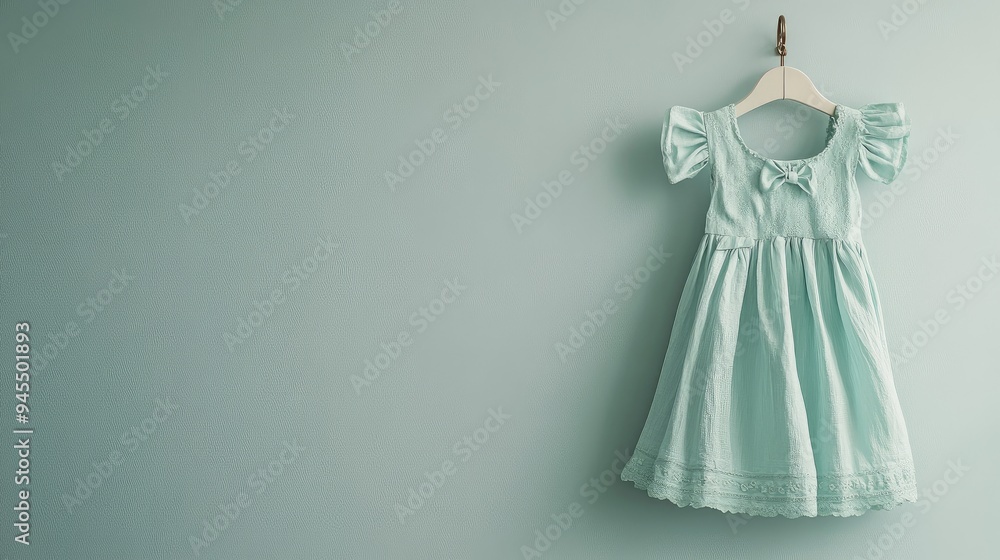 Elegant women's dress in soft mint green with tiny bow designs, beautifully hung on a vintage hook, against a light pastel wall. Elegant women's dress in soft mint green with tiny bow designs, beautifully hung on a vintage hook, against a light pastel wall.