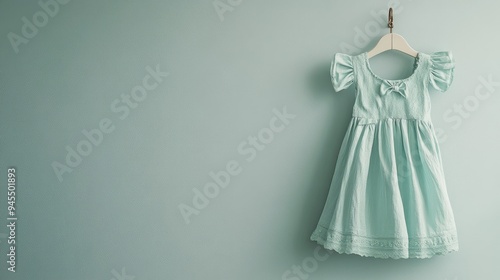 Elegant women's dress in soft mint green with tiny bow designs, beautifully hung on a vintage hook, against a light pastel wall.