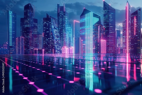 Futuristic city skyline, solar panel reflections, vibrant sustainable energy, twilight glow