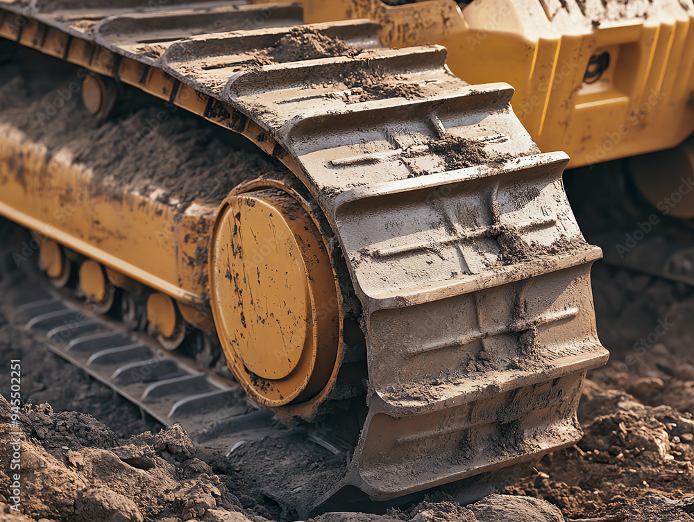 A detailed macro shot of the massive treads of a bulldozer pushing through rough terrain, capturing the rugged durability and strength of heavy equipment in action A detailed macro shot of the massive treads of a bulldozer pushing through rough terrain, capturing the rugged durability and strength of heavy equipment in action
