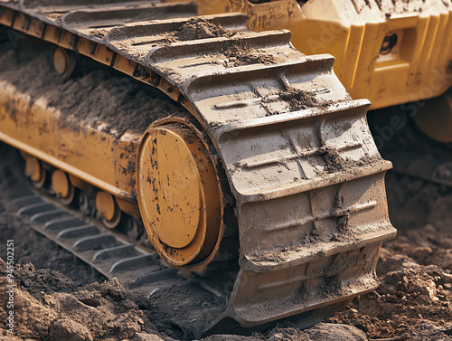 A detailed macro shot of the massive treads of a bulldozer pushing through rough terrain, capturing the rugged durability and strength of heavy equipment in action photo