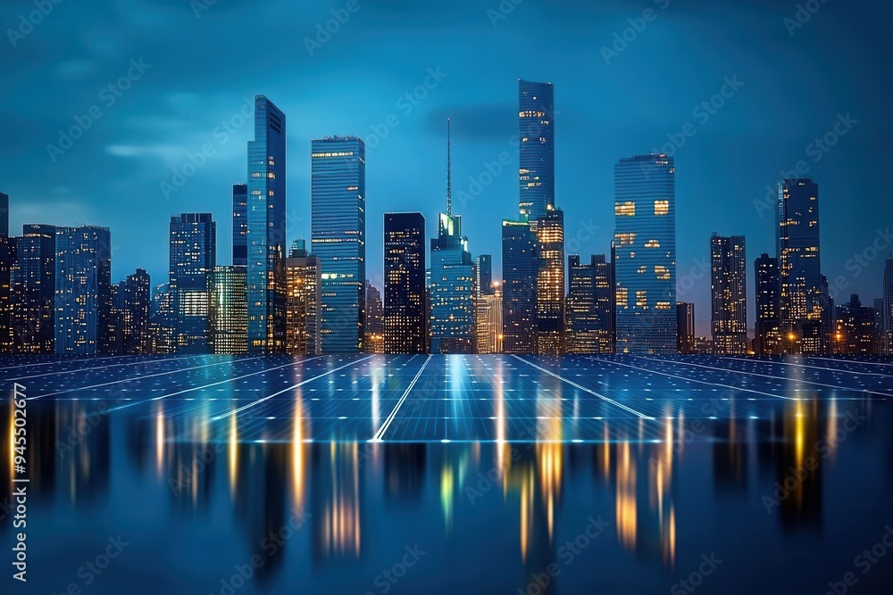 Fototapeta premium Sleek city skyline, integrated solar panels, sustainable energy reflections, nighttime view