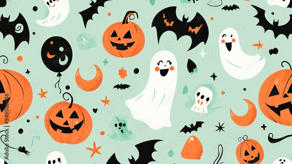Obraz premium A playful Halloween-themed pattern featuring ghosts, pumpkins, bats, and stars.