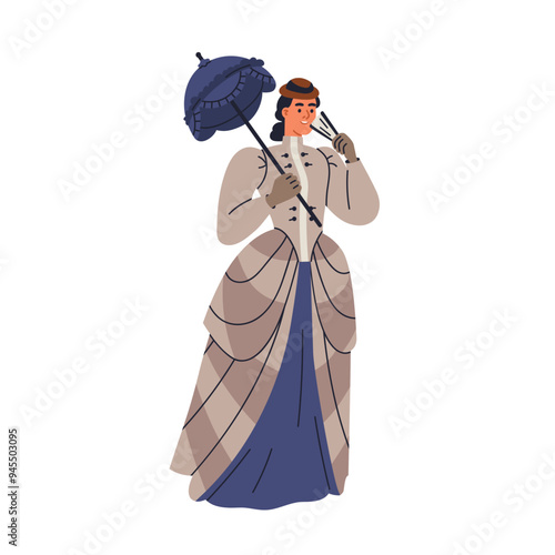 Woman in 19th century dress. Elegant lady in vintage fashion outfit with parasol and fan. Noble rich female aristocrat of historic Victorian era. Flat vector illustration isolated on white background