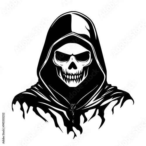 Grim Reaper Hooded Skull Silhouette, Black and white silhouette of a hooded grim reaper with a menacing skull face, perfect for Halloween or horror themes.
