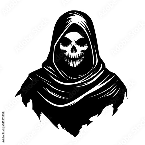 Grim Reaper Hooded Skull Silhouette, Black and white silhouette of a hooded grim reaper with a menacing skull face, perfect for Halloween or horror themes.
