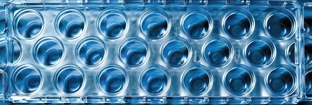 A 96-well plate filled with blue samples A 96-well plate filled with blue samples