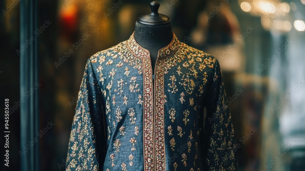 Hand-embroidered Indian kurta with intricate patterns, displayed elegantly on a mannequin, no people. Hand-embroidered Indian kurta with intricate patterns, displayed elegantly on a mannequin, no people.