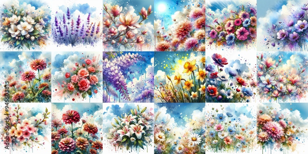 Watercolor spattering flowers with blue sky, drawing. AI generated illustration Watercolor spattering flowers with blue sky, drawing. AI generated illustration