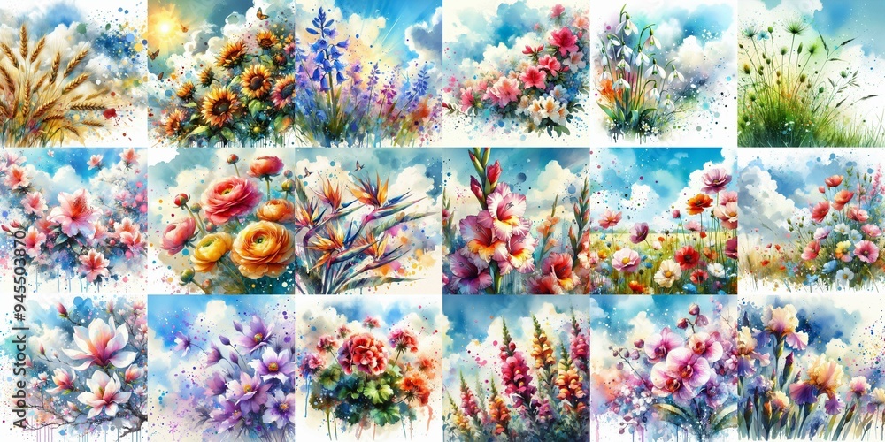 Watercolor spattering flowers with blue sky, drawing. AI generated illustration Watercolor spattering flowers with blue sky, drawing. AI generated illustration