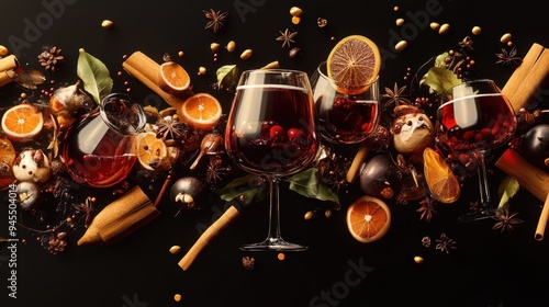 A table filled with glasses of mulled wine, decorated with floating spices, citrus slices, and berries, creating a festive and warm holiday scene. photo