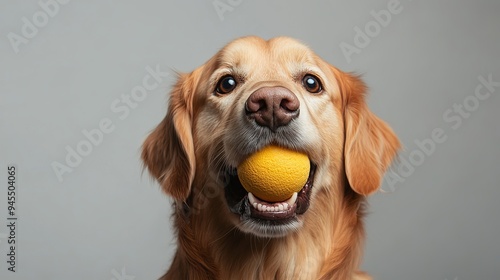 Golden retriever joyfully holds a yellow ball in its mouth indoors photo