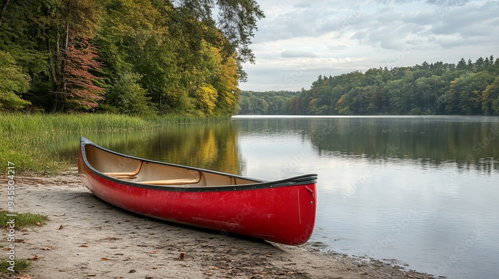 Red canoe rests on sandy shore beside tranquil lake surrounded by trees Red canoe rests on sandy shore beside tranquil lake surrounded by trees