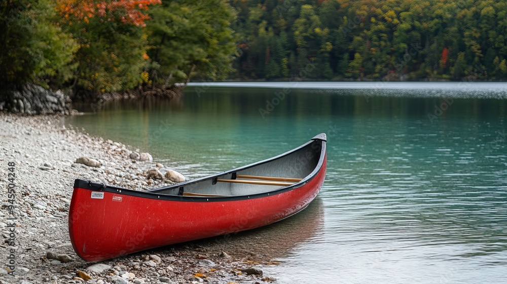 Bright red canoe rests on a quiet lakeshore surrounded by autumn foliage Bright red canoe rests on a quiet lakeshore surrounded by autumn foliage