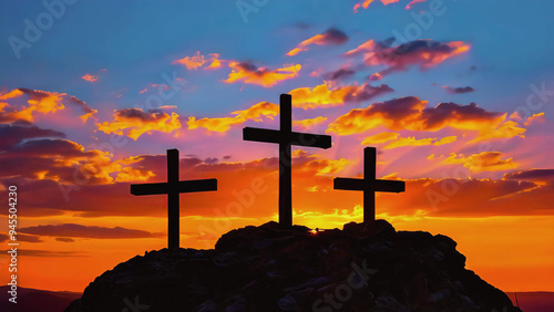 Three empty crosses on Golgotha at sunset in a cartoon style, depicting a dramatic and colorful biblical scene new stock image illustration AI