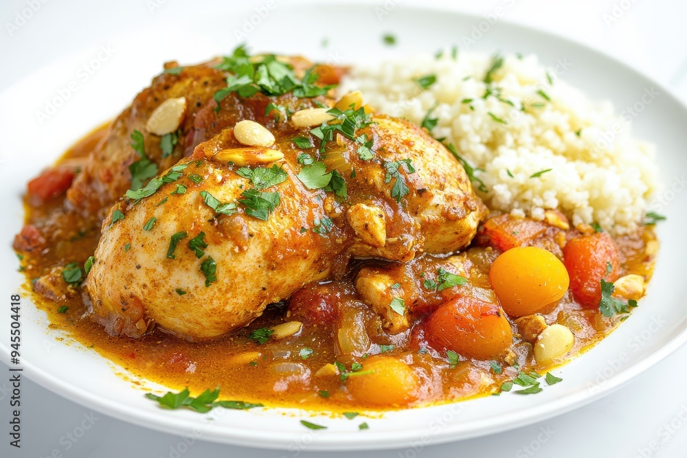 A plate of flavorful chicken stew served with rice and garnished with herbs. A plate of flavorful chicken stew served with rice and garnished with herbs.