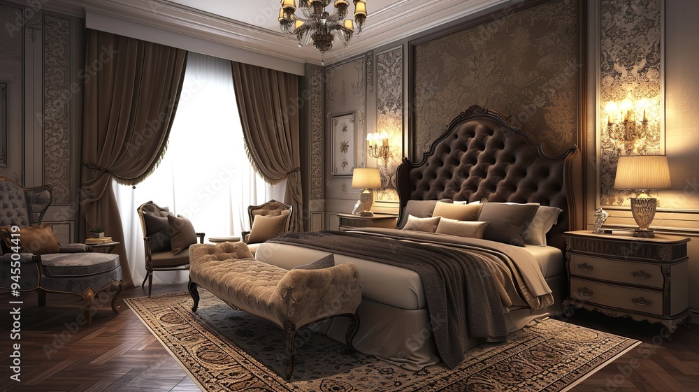 A wonderful bedroom with a huge double bed, in the spirit of elegance and luxury. Old style, beautiful design. Generated by AI A wonderful bedroom with a huge double bed, in the spirit of elegance and luxury. Old style, beautiful design. Generated by AI