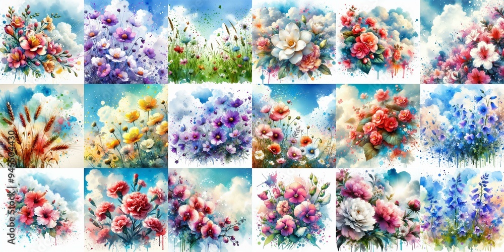 Watercolor spattering flowers with blue sky, drawing. AI generated illustration Watercolor spattering flowers with blue sky, drawing. AI generated illustration