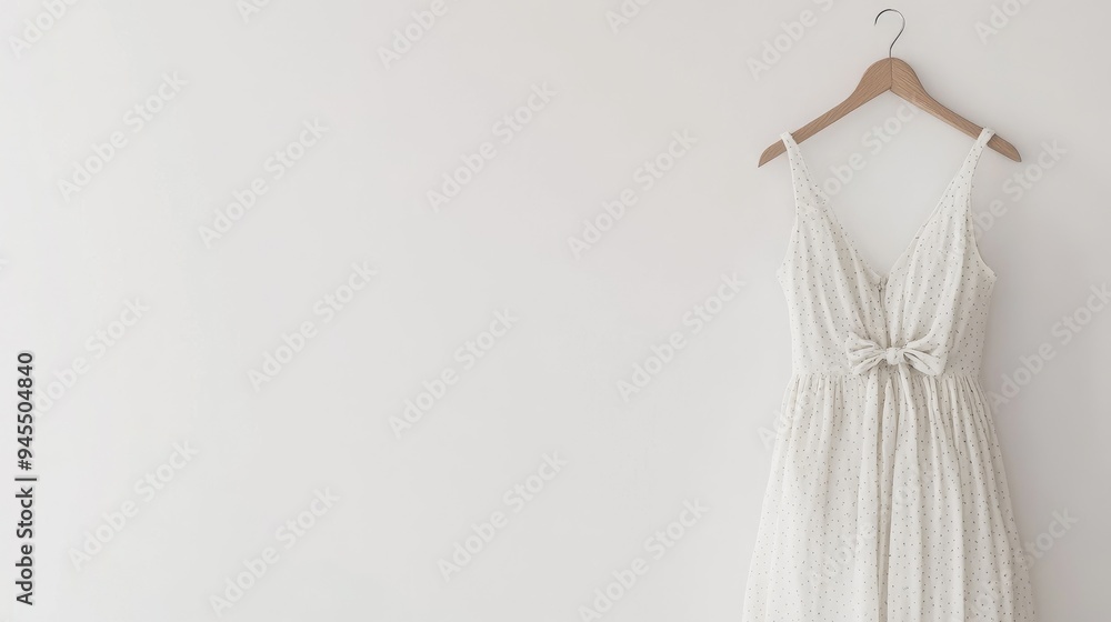 Minimalistic image of a women's dress in light grey with small bow patterns, hanging from a simple wooden peg against a white background. Minimalistic image of a women's dress in light grey with small bow patterns, hanging from a simple wooden peg against a white background.