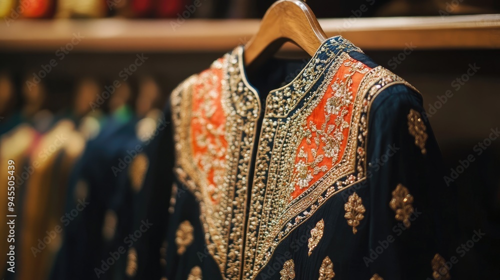 Ornate Indian blouse with intricate beadwork, hanging on a stylish hanger, no people. Ornate Indian blouse with intricate beadwork, hanging on a stylish hanger, no people.