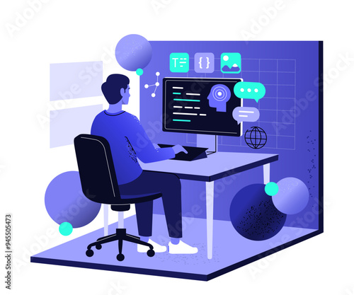 Character sitting at the desk and using AI tools for code writing, development and programming. Artificial intelligence technology in business concept. Vector illustration.