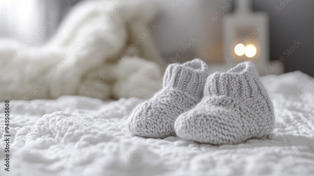 Pair of soft baby booties in light grey, gently resting on a white bedspread, with a delicate background creating a serene atmosphere.