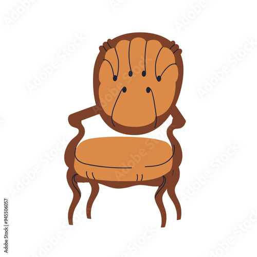 Victorian armchair, antique furniture of 19th century. Vintage chair in classic design. Luxury seat with soft upholstery, old historic style. Flat vector illustration isolated on white background